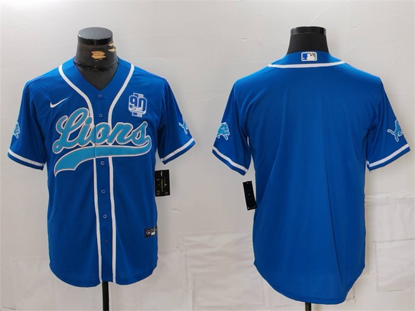 Men's Blue Detroit Lions Blank With 90th Anniversary Patch Cool Base Stitched Baseball Jersey